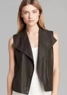 VINCE 100% Leather Olive Green‎ Moto Military Vest Size XS