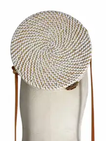 Boho Beach Cottagecore White Natural Rattan Woven Round Crossbody Bag One Size