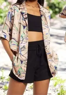 Open Edit Satin Oversized Camp Button-Up Shirt Color Ivory Birch Grunge Artsy M