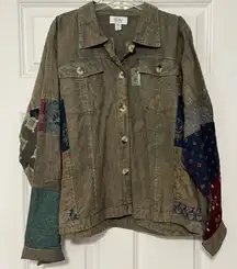 NWOT Myra Bag 100% Cotton Patchwork Acid Wash Army Green Boho Button Down XL