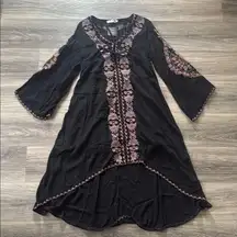 Black Long Sleeve Bell Sundress with Embellished  Boho Embroidered Hi lo Dress