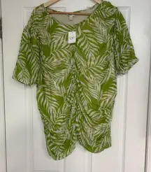 Cato Mesh‎ Green And Tan Palm Leaf Print Ruched Top Size 26/28W
