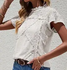 Main Strip Floral Lace Mock Neck Top Blouse Shirt Women's Small