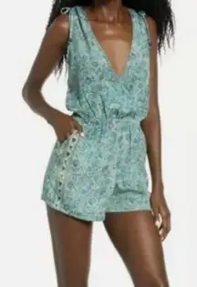 Raga‎ Catalina Floral Surplice Beaded Romper deep v neck Teal Size small