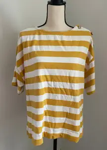 LOFT Yellow White Striped Knit Tee size Large Short Sleeve Button Cotton Preppy