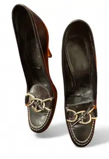 Prada Black Leather‎ Chain Link Loafer Pumps Heels Size 39.5 Made in Italy