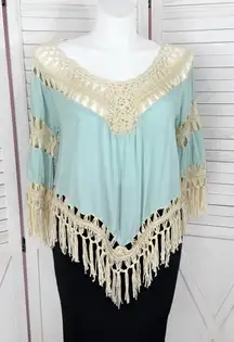 UMGEE Boho Peasant Crochet Fringe Hem Triangle Top Teal Green Tan Large
