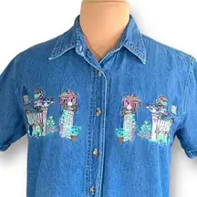 Vintage Bobbie Brooks Shirt Chambray Button Up Embroidery Birds Flower Detail