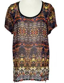 New  Sheer Chiffon Short Sleeve Top High Low Hem Multi Totem Print