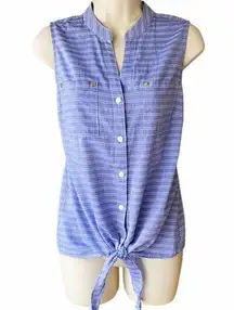 ANNE KLEIN Denim Blue & White Stripe Sleeveless Tie Front Blouse Top ~ Womens S