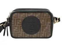 Fendi  Logo Monogram Black Leather Trim Camera Bag Crossbody Logo Shoulder Strap