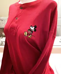 Vintage  Mickey Mouse Embroidered Long Sleeve Henley - Red - S
