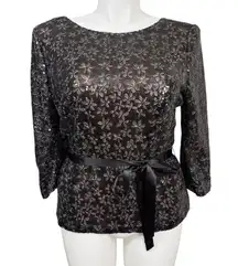 Alex Evenings XL Black Sequin Floral Lace Top Vintage Y2K Cocktail Blouse