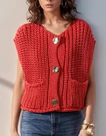 Knit Oversized Gold Button Sleeveless Vest Womens Large Red