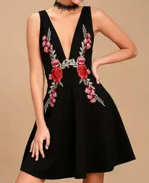 Black & Red Floral Rose Embroidered Low Cut Fit & Flare Dress