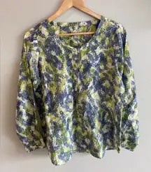 J. JILL Floral Print Cotton and Silk‎ Blouse Size Small Petite Green/Blue