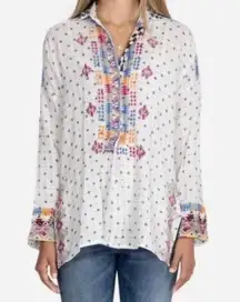 Johnny Was  embroidered colorful gauze long sleeve v-neck henley top