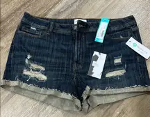 Women's Distressed Denim Shorts - Dark Blue - size 14