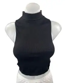 Zara Women's Black Sleeveless Rib Knit Turtleneck Crop Sweater Tank Top Size L