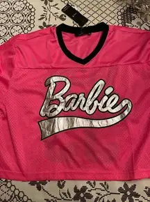 NWT Barbie Crop Hot Pink Black Silver Short Sleeve V Neck Jersey L