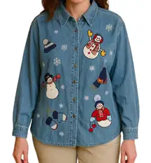 Vintage Womens Denim Shirt 18/20W Snowman Embroidered Christmas Button Front Y2K