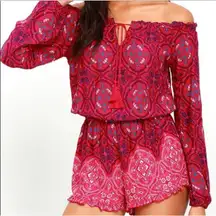 O'Neill Womens S Nashville Red‎ Print Off Shoulder Romper Boho Red Pink Summer