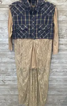 Vtg Gypsy South Atlanta L Reworked Sleeveless Plaid Lace Tunic Vest & Shirt Y2K