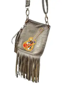 Champagne Rocker Faux Leather with Guitar and Fringe Metallic Crossbody