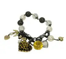 Betsey Johnson Signed Bracelet Leopard Heart Dove Faux Pearls Bow Chain