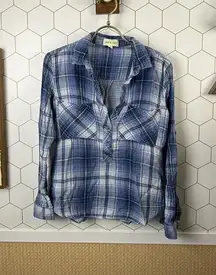 Cloth & Stone Blue Plaid 100% Cotton Half Button-Up Shirt - Size - Small