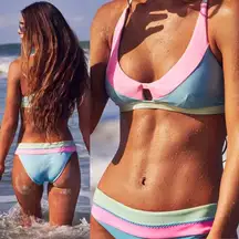 NEW LoveShackFancy x Hurley Max Colorblock Bikini Set Large $150 Coconut Girl