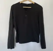 H&M women's Black Long-Sleeve Henley Shirt With Button Tab Sleeves Size M