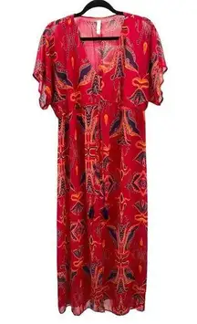 Xhilaration Women's Dress Medium Red Colorful Lined Adjustable Waist Button Boho