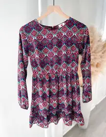 One Clothing Moroccan Print Long Sleeve Mini Dress Small Floral Burgundy Fall