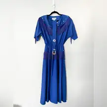 VINTAGE American Western Fringe Rodeo Midi Cotton Dress Navy Blue