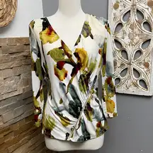 Ivanka Trump Abstract Floral Wrap Blouse - White and Multicolor