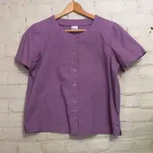 Blair S 100% Cotton Purple Spring Short Sleeve Button Up Boxy Shirt Blouse