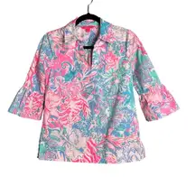 Lilly Pulitzer Ginger Top Popover Pink‎ Blue White 3/4 Bell Sleeve XXS