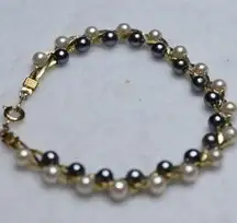 Victorian Glam Double Row White/Gray Faux Pearl Gold Tone Bracelet