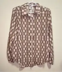 Princess Polly Brown White Sheer Button Down Shirt Size 4 Checkered Lightweight