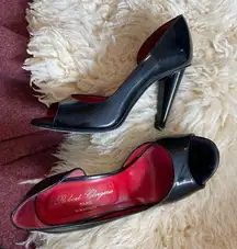 Robert Clergerie black patent leather Red leather lined peep toe heels