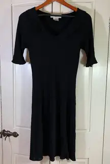 Evan-Picone Black Knit Midi Dress Small Ruffle Collar Fit & Flare Peter Pan‎ LBD