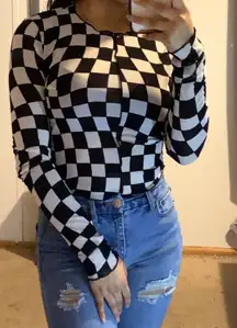 Black And White Checkered Mesh Long Sleeve