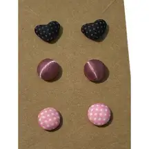 Stud Button Earrings Set Fabric Polka Dot Hearts Round Pink Black White