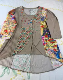 Parsley Sage 1X Patchwork Kimono Style Cardigan Tunic Top Earth Tones Floral