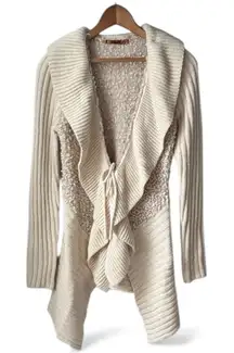 Belldini Cream Textured Flowy Ruffle Long Tie Front Ribbed Boucle Cardigan