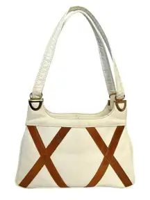 Vintage Ivory White Leather Criss-Cross Accent Frame Handbag Satchel