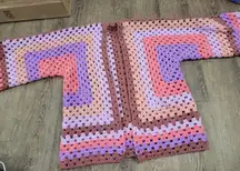 Hand-Made Granny Afghan Crochet Cardigan Sweater Retro Look Women's Small