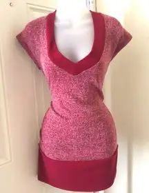 Burgundy and red mini fitted sweater deep v-neck dress short sleeves.