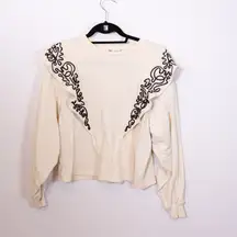 Zara Cotton Terry Lined Embroidered Applique Ruffle Crew Neck Pullover Sweater S